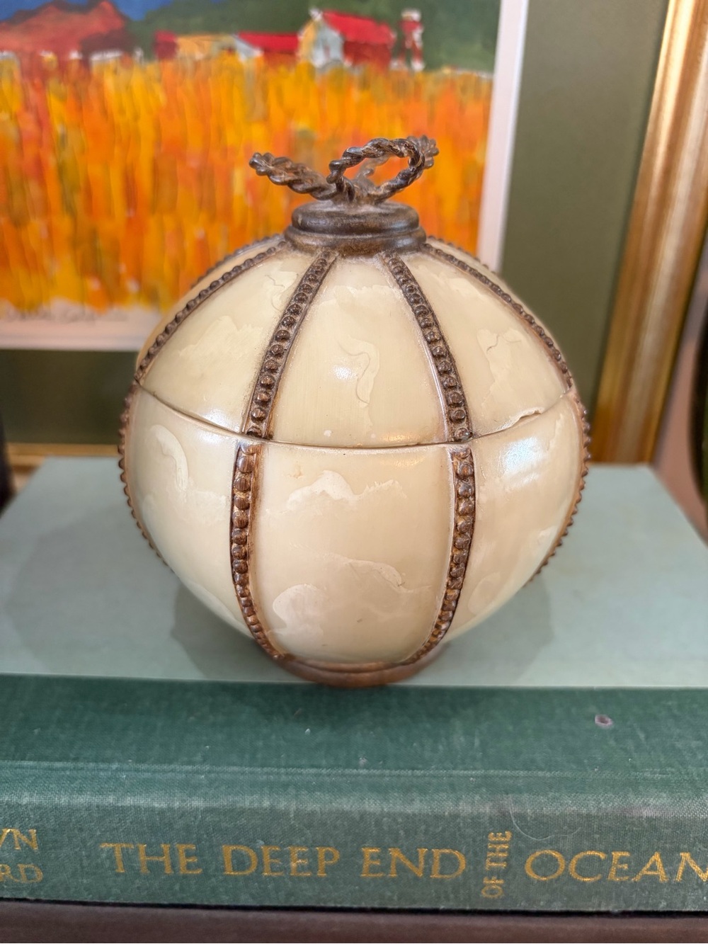 Ivory Decorative Sphere Trinket Box with Antique Bronze Accents